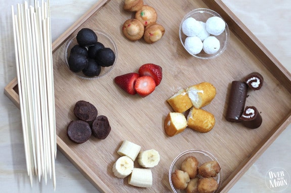 These are awesome! No baking required - just buy desserts and put them on kabob sticks and serve! Plus, the kids love helping assemble them! From www.overthebigmoon.com!