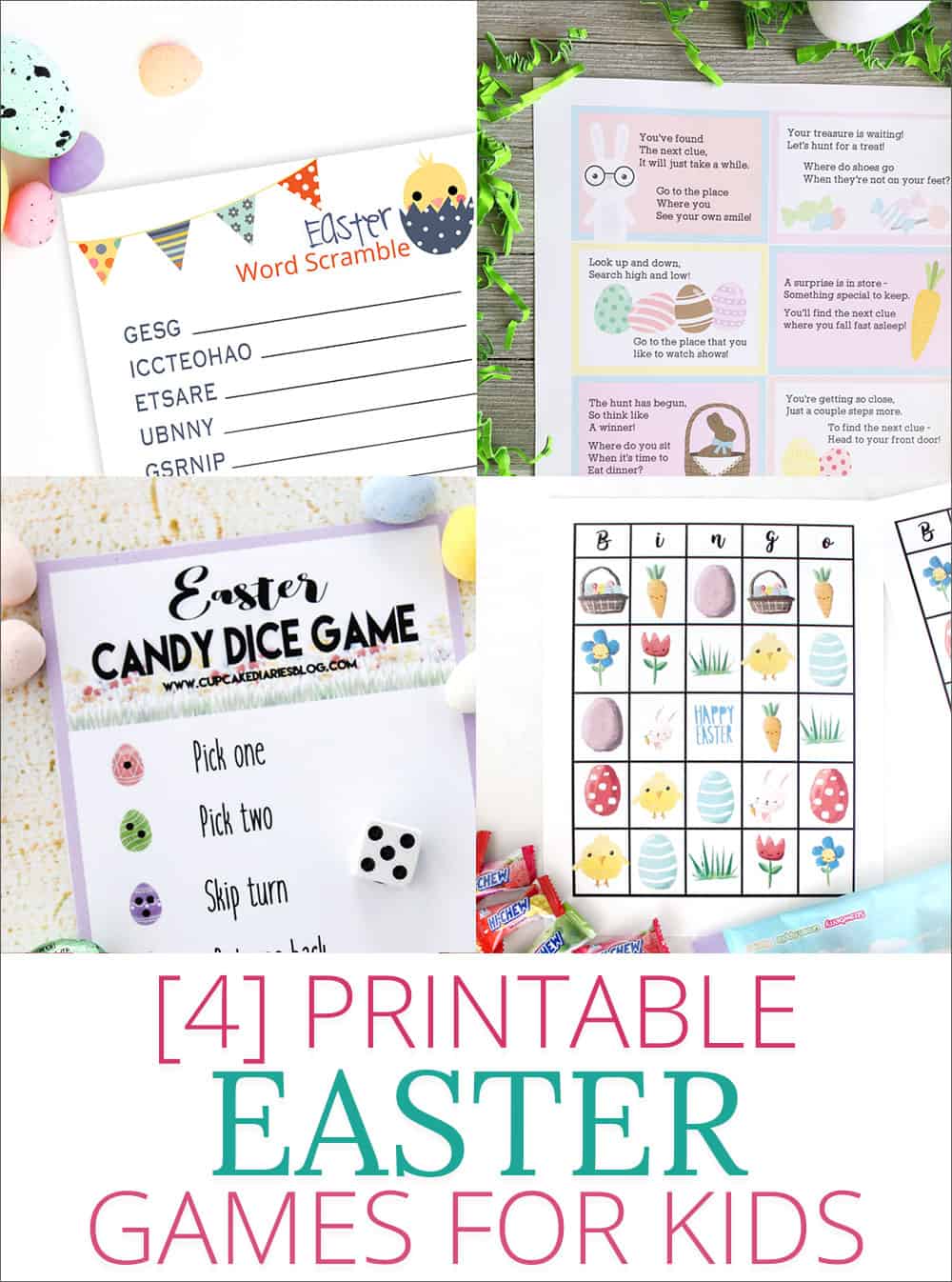 4 Fun and Free Printable Easter Games for Kids -- Easter Word Scramble, Easter Scavenger Hunt, Easter Dice Game and Easter Bingo! overthebigmoon.com!