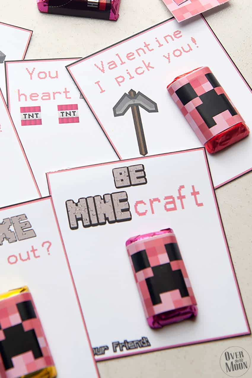 Free Printable Minecraft Valentines in Pink - Over the Big Moon